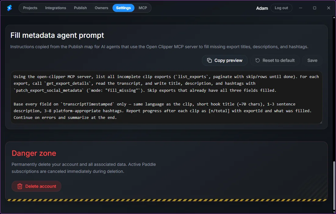 Open Clipper Settings page with the Danger zone section and Delete account button