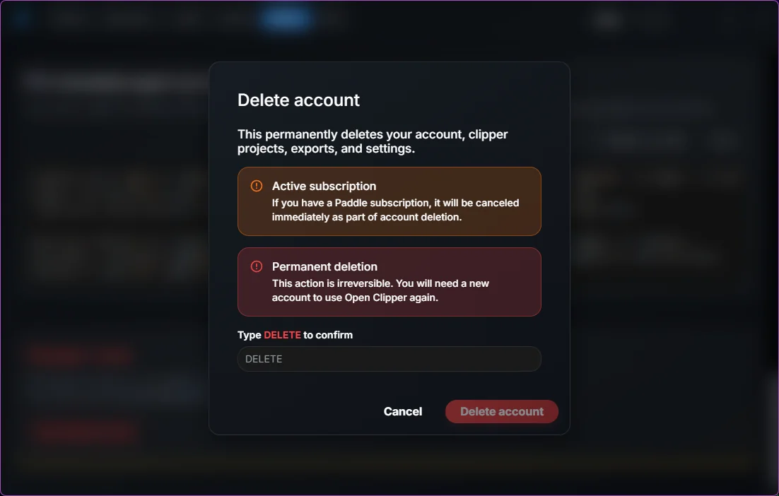 Open Clipper delete account confirmation dialog with a field to type DELETE