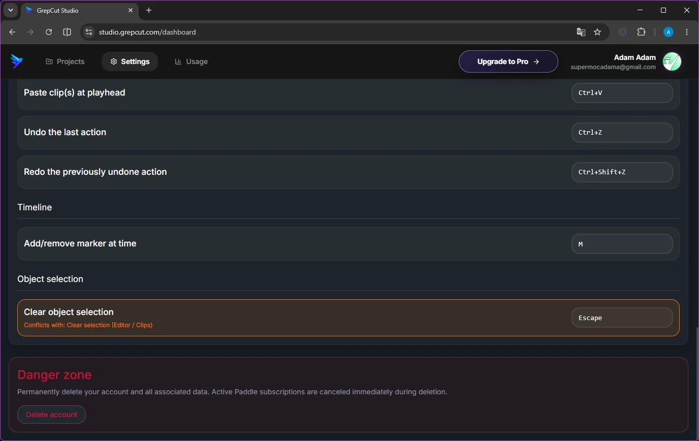 GrepCut Studio Settings page with the Danger zone section and Delete account button at the bottom