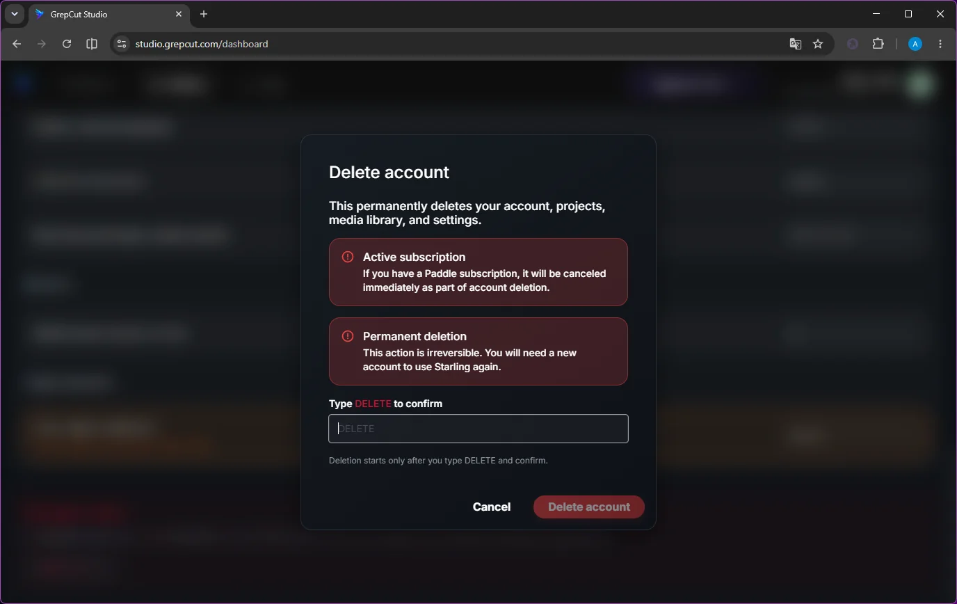 GrepCut Studio delete account confirmation dialog with a field to type DELETE